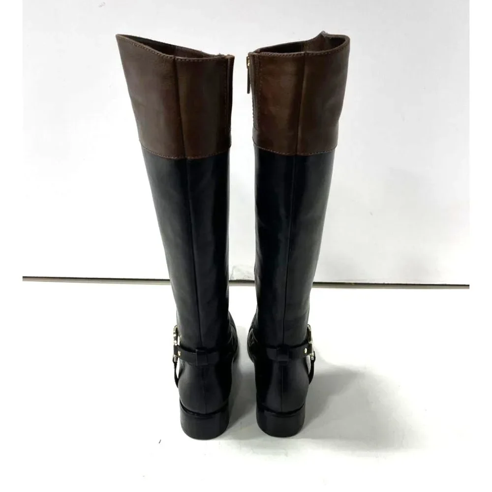 Michael Kors Fulton Harness Two Tone Black Brown Leather Riding Boots 6.5